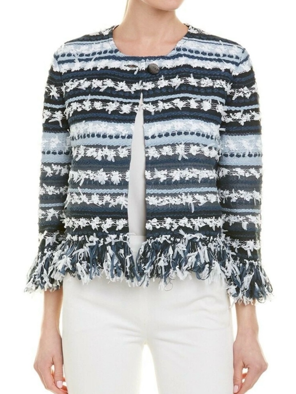 St. John Fringe Jacket Lofty Flagged Striped Knit Blue Sz P Classy Iconic Preppy